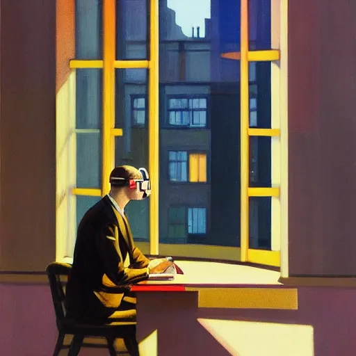 Image similar to A fine art painting of a man wearing Vr goggles at a desk through a window on a British street. In the style of Edward Hopper and Wes Anderson