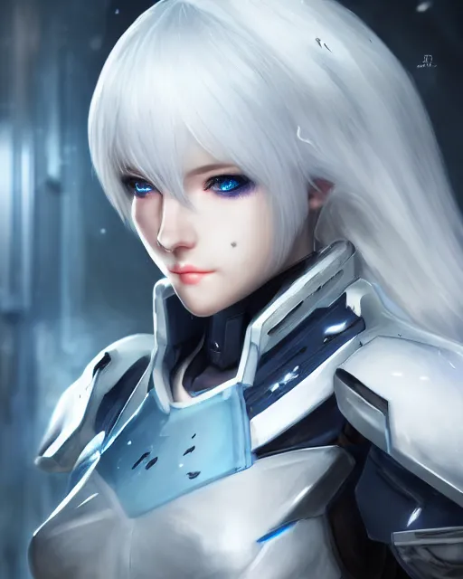 Image similar to perfect white haired girl, warframe armor, beautiful, dreamy, half asian, pretty face, blue eyes, detailed, scifi platform, laboratory, experiment, 4 k, ultra realistic, epic lighting, cinematic, high detail, masterpiece, akihito tsukushi