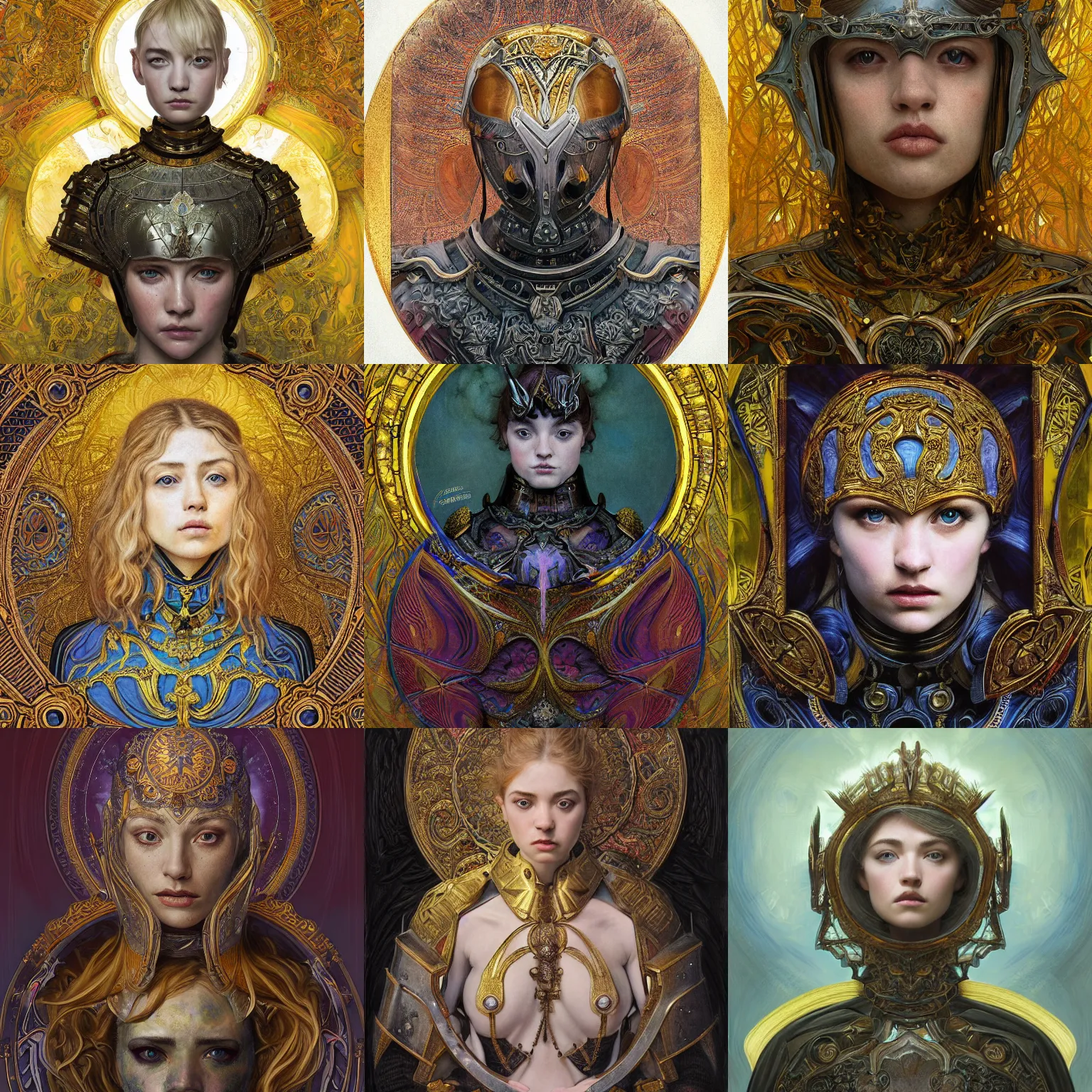 Prompt: masterpiece head-on symmetrical centered painted portrait, Imogen Poots as a warrior paladin, blonde hair, golden halo, ornate iron armour, ornate abstract fractal stained glass background, elegant, distant, in the style of Edgar Maxence and Ross Tran and Zdzisław Beksiński and Michael Whelan and Anna Podedworna and gustav dore and H.R. Giger, 8k, octane render