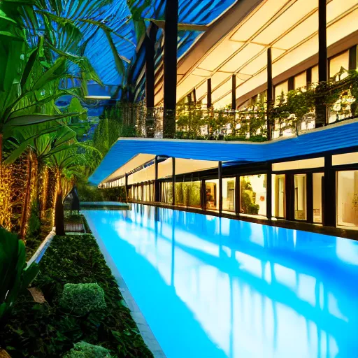 Prompt: The atrium of a refurbished contemporary building filled with tropical plants and lush swimming pool, project by Kengo Kuma, blue hour, cinematic, 4k