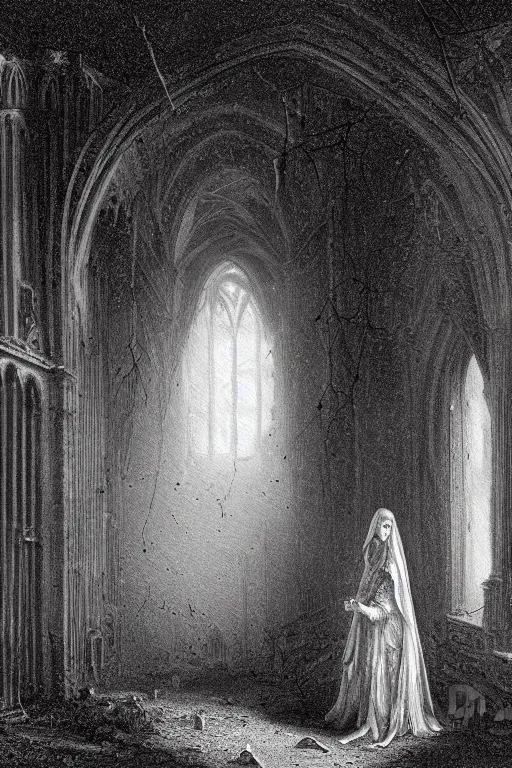 Prompt: baroque gothic woman, lit by a single candle, inside a ruined abbey, a crow stood nearby, cobwebs, dead leaves, gustave dore, 4 k resolution, concept art, mist, autumnal, chiaroscuro,