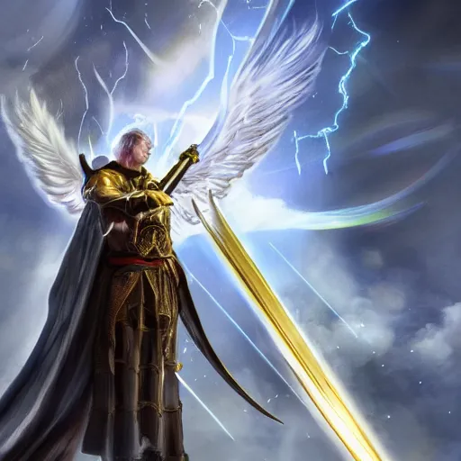 Prompt: An archangel man standing in a medieval battlefield points a white fantasy sword towards the sky with a beacon of light coming down to refract off of the swords tip into shattered beam fragments around his body, artstation, award winning art, highly detailed incredible art