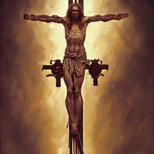 Image similar to fullbody!! crucified lizard king on the cross, scaly cold blooded reptilian, claws, intricate, elegant, religious, highly detailed, digital painting, artstation, concept art, smooth, sharp focus, illustration, art by artgerm and greg rutkowski and alphonse mucha