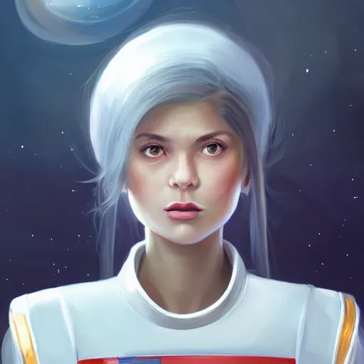 Image similar to epic portrait a space waitress with short sleeves and white uniform, long flowing hair, beauty, pretty face, glossy skin, glossy lips, fit, digital painting, artstation, concept art, soft light, hdri, smooth, sharp focus, illustration, fantasy, intricate, elegant, highly detailed, D&D, matte painting, in the style of Greg Rutkowski and Alphonse Mucha and artemisia, 8k, highly detailed, jurgens, rutkowski, bouguereau, pastoral, rustic, georgic