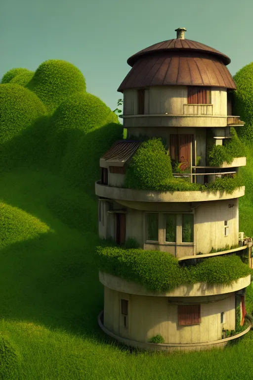 Image similar to cylindrical house, solarpunk, studio ghibli, jean - baptiste monge, octane render, 4 k