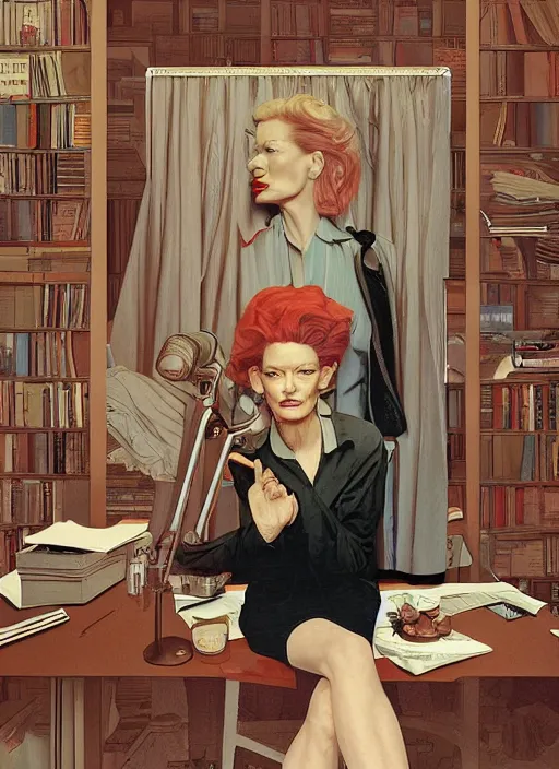 Image similar to Twin Peaks poster artwork by Michael Whelan, Bob Larkin and Tomer Hanuka, Karol Bak of portrait of radio host Tilda Swinton hanging out in her studio radio sound booth, from scene from Twin Peaks, simple illustration, domestic, nostalgic, from scene from Twin Peaks, clean, cover of New Yorker magazine, 1980s book cover, 1990s