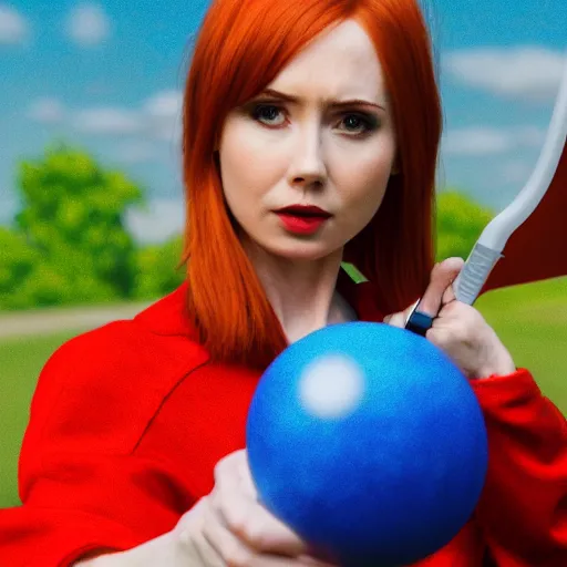 Image similar to Karen Gillan as Misty from Pokémon, Indigo League, outstretched arm holding a Poké Ball, close-up shot, photo realism, cinematic, realistic, 8K