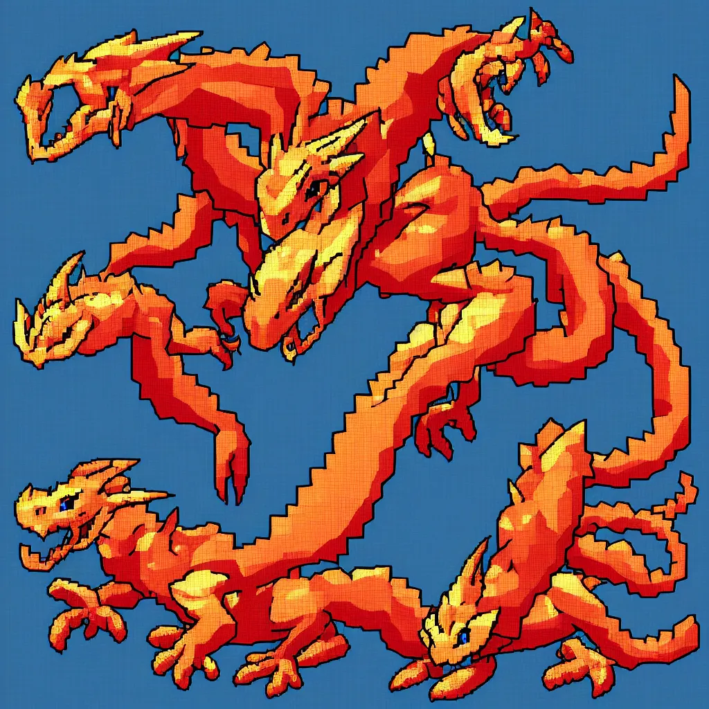 Image similar to pixelated dragon inspired by ragnarok online, 1 2 8 bit, 1 0 0 0 x 1 0 0 0 pixel art, 4 k, super detailed, nintendo game, pixelart, high quality, no blur, sharp geometrical squares, concept pixelart