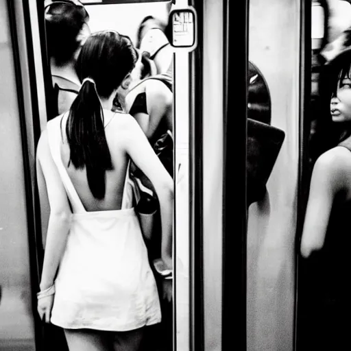 Prompt: a beautiful asian girl with backless dress in a crowded subway train, instagram photo
