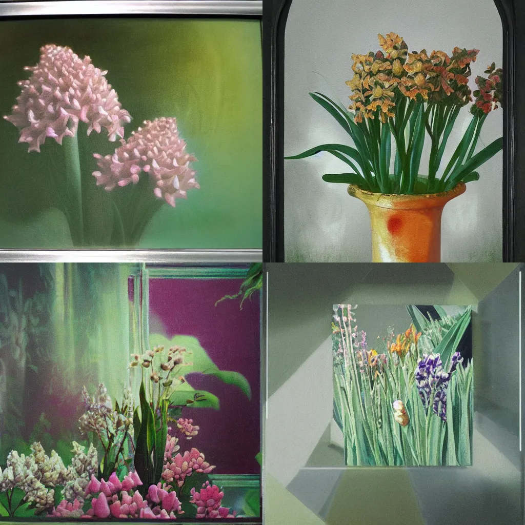 Prompt: an painting of a nostalgic nacar and tortoiseshell Hyacinth surrounded by foliage, pastel oil inks, paint-on-glass painting, soft, very ethereal, silver color, dark, chiaroscuro, nacre, dreamy autochrome vaporwave 80s nostalgic pinhole photography, futuristic y2k white pure estructure liminal