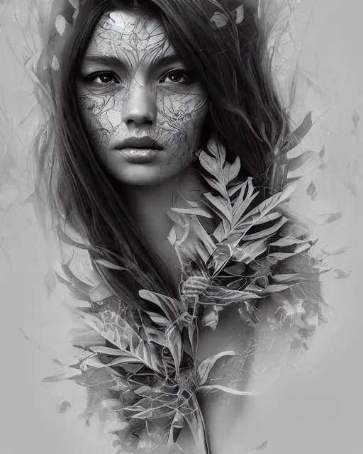 Image similar to intricate foliage beauty double exposure portrait, artstation, tony sart, photorealism, grayscale, otherworldly fantasy illustration, by artgerm