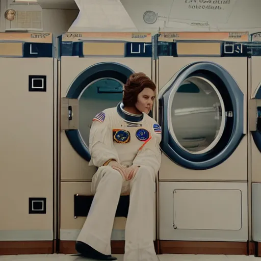 Image similar to a beautiful photo of an astronaut waiting in a laundromat, 1970', soft light, morning light, photorealistic, realistic, octane, 8k, cinematic shot