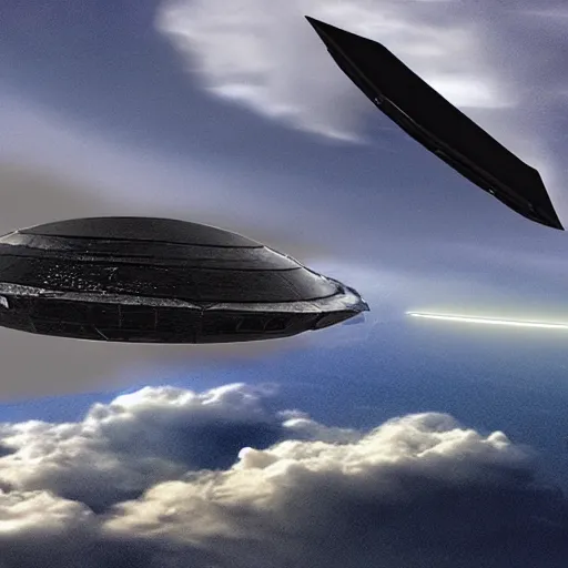 Prompt: Rectangular black flying UFO spaceship in skies