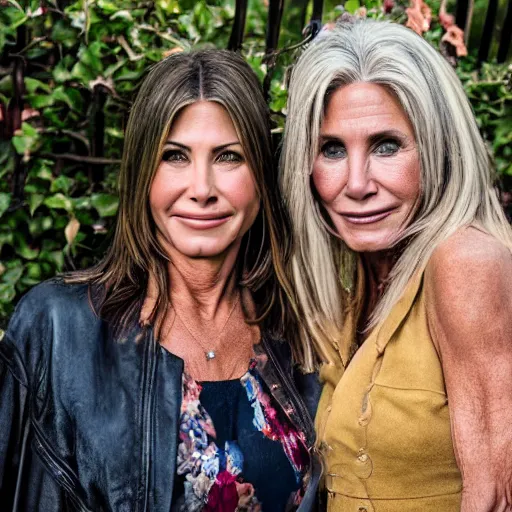 Image similar to old jennifer anniston and courtney cox actress at age 9 0 years old, color ( sony a 7 r iv, symmetric balance, polarizing filter, photolab, lightroom, 4 k, dolby vision, photography award ), vogue, perfect face