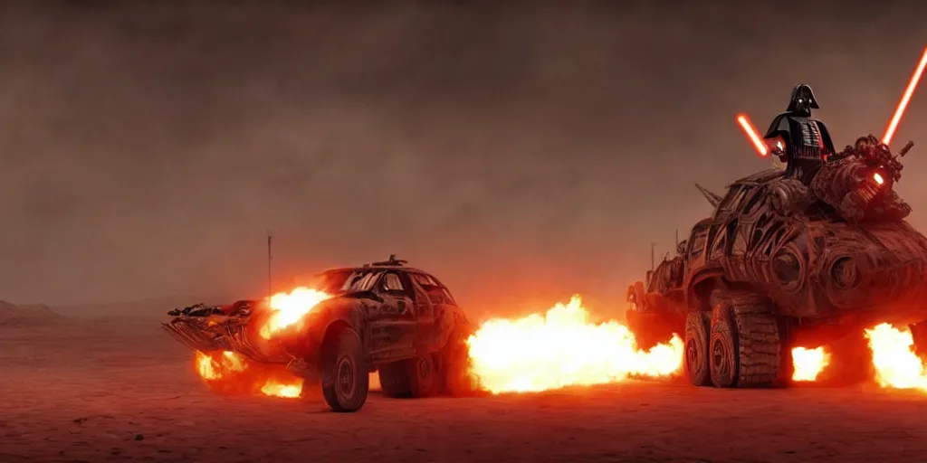 Prompt: Darth Vader standing on a driving armored post apocalyptic battle car in the desert and firing a flamethrower, Mad Max Fury Road, film, sandstorm, fire, realistic, center frame, symmetrical, spikes, flags, dust