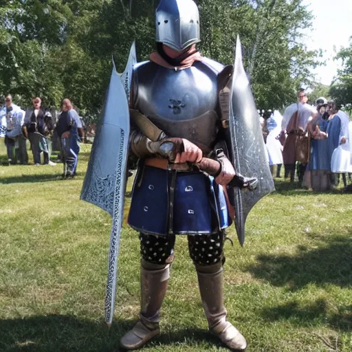 Prompt: bjorn of backwater - honorable knight of francia, standing with his blue shield at the ready and a short sword in his hand, real life, renaissance fair