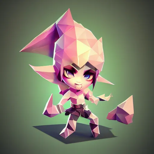 Image similar to low poly, high resolution textures, hide geometry, smooth shadows, isometric view, 1 6 bit colors, made in blender, chibi girl, volumetric lighting, fantasy, hyper realistic, by riot games artist, from league of legends, backlit