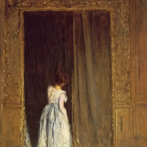 Image similar to a theatre actress waiting behind the curtain on stage, by alfred stevens