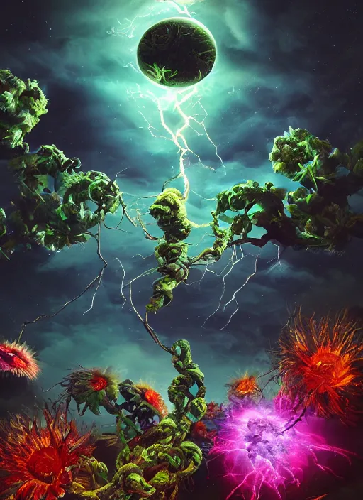 Image similar to An epic fantastic realism comic book style painting of the most beautiful entwined flowers launched across the dark galactic night sky, nebulous bouquets, fisheye, lightning creating life, unreal 5, DAZ, hyperrealistic, octane render, dynamic lighting