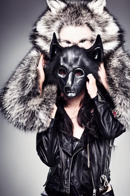 Image similar to photographic portrait of a punk girl in a leather jacket wearing a wolf's head over her face, high fashion, style magazine shoot, cool punk with wolf on her head