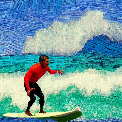 Image similar to an artistic photo of barack obama surfing in hawaii, high quality, colourful, hero, 1 9 8 8, heroic, artistic, beautiful, in the style of vincent van gogh