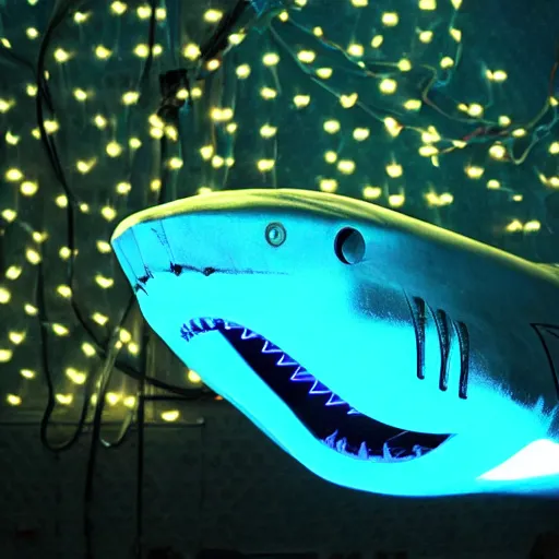 Image similar to action photo of robot shark emitting an neon light from its eyes, from nature journal, 1 / 1 0 0 0 sec shutter, action photo