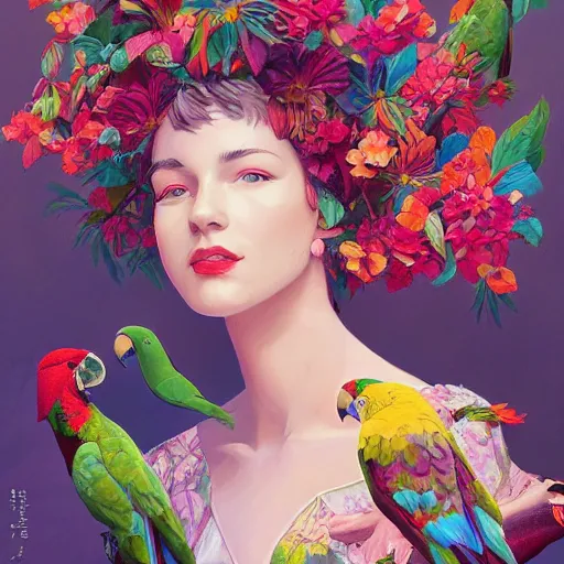 Image similar to a painting of a woman wearing a floral hat in a beautiful garden with parrots flying around, an ultrafine detailed painting by james jean, cgsociety, figurative art, ilya kuvshinov, detailed painting, rich color palette