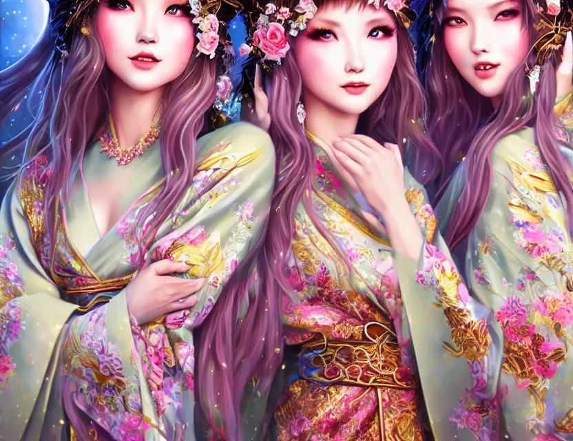 Image similar to two beautiful alluring siberian girls wear fantasy kimono in festival | | sunny night, full moon, dreamlike art, realistic shaded, smile, good looking, hyper details, 4 k realistic, cryengine, realistic shaded lighting poster by artgerm, ross tran, fuji choko, 8 k resolution, trending on artstation, luxury