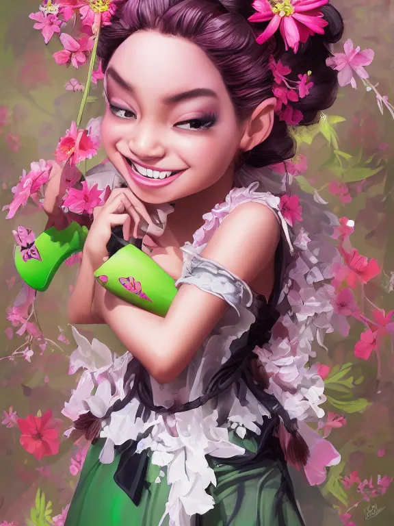 Prompt: Full shot of a cute mischievous young spring witch about to get up to some trouble with her playful bat familiar. Latin American fashion. Floral patterns. cherry blossoms. Bats. Black and Pink and Lime Green palette. Magic. Latina girl. brown skin. defined facial features, symmetrical facial features. Smiling. By Ruan Jia and Artgerm and Range Murata and WLOP and Ross Tran and William-Adolphe Bouguereau. Key Art. Fantasy Illustration. award winning, Artstation, intricate details, realistic, Hyperdetailed, 8k resolution.