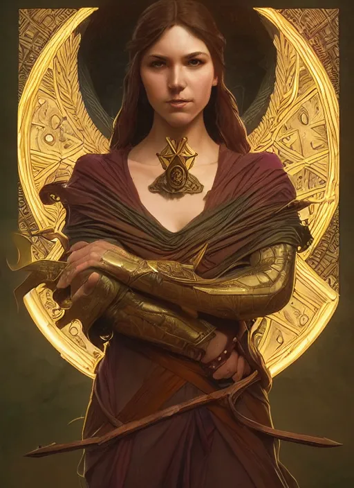 Image similar to photography of tarot card justice, deep focus, d & d, fantasy, intricate, elegant, highly detailed, digital painting, artstation, concept art, matte, sharp focus, illustration, hearthstone, art by artgerm and greg rutkowski and alphonse mucha