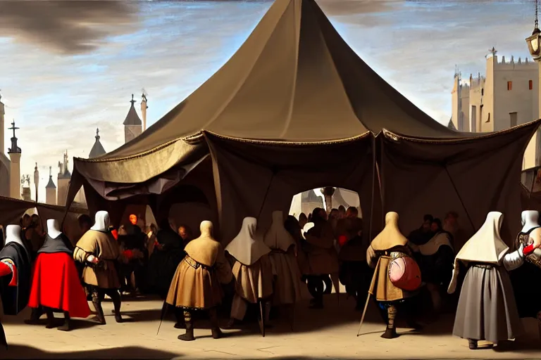 Image similar to A tent of a medieval market on detail selling mobile phones!!!!!! Some people walking around, close-up, trending on artstation, hyper detailed, sharp, baroque painting, painted by Velazquez