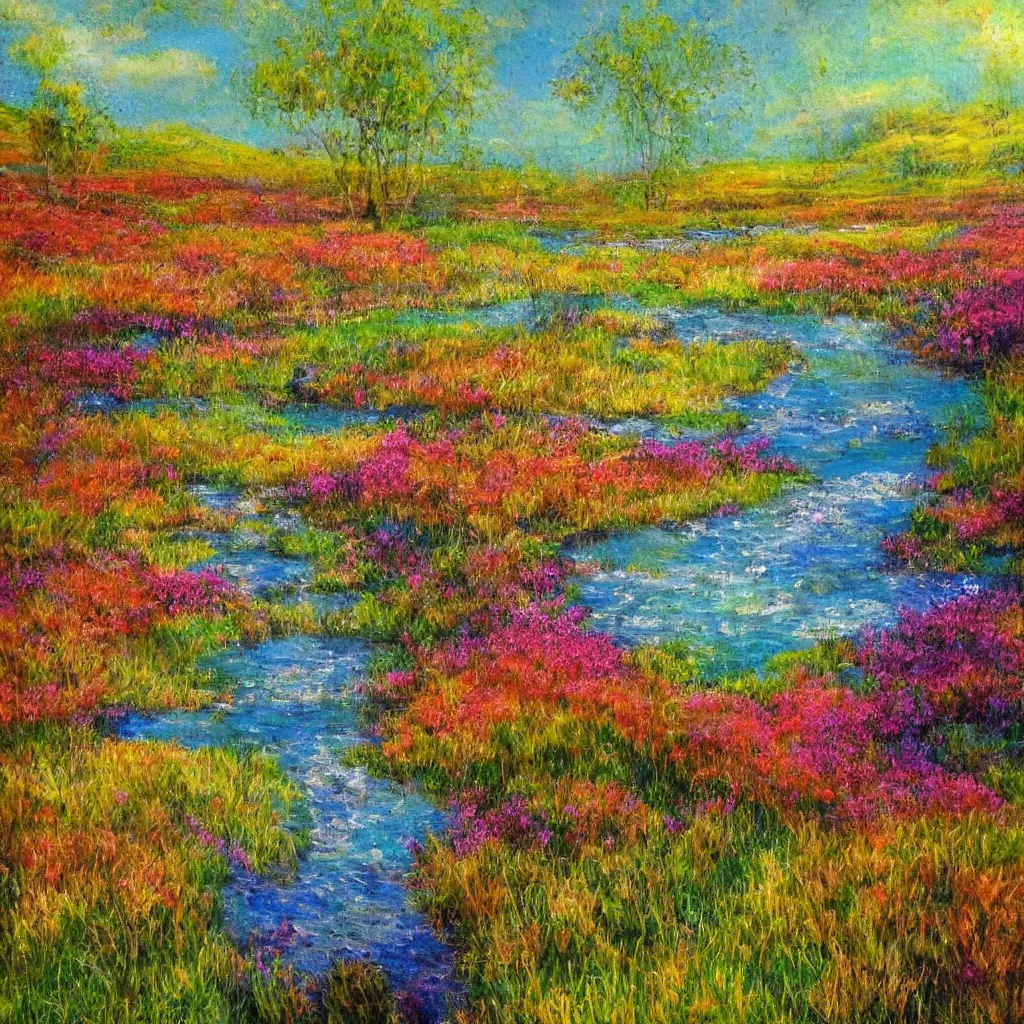 Image similar to an impressionist painting of a gorgeous meadow with a stream flowing through it surrounded by ( ( ( ( ( large mushrooms ) ) ) ) )!!!!!!!!!, psychedelic colors, trending on artstation