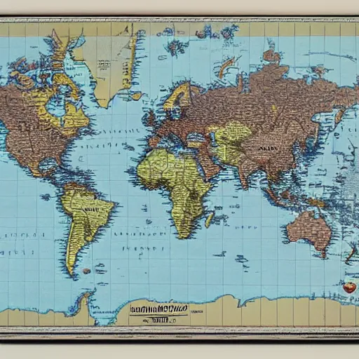 Prompt: geopolitical map of a strange new world, miller projection, monochromatic