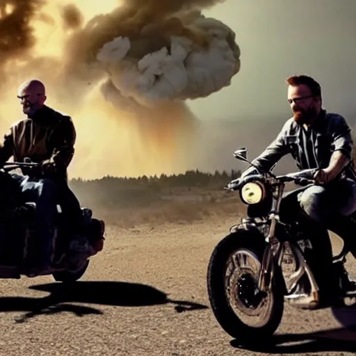 Image similar to photo of walter white and jesse pinkman riding motorcycles with an exploding building on fire behind them, color, cinematic lighting, highly detailed