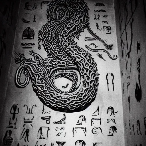 Prompt: photography of a tentacle monster looking at hieroglyphs, eerie atmosphere, cinematic lighting, cosmic apocalypse, hp lovecraft, hr giger