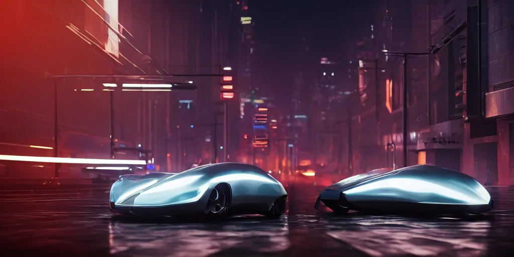 Image similar to cinematic movie scene, beautiful Product shot film still of a Syd Mead futuristic modern sleek automobile with bright headlights on a wet street at night in cyperpunk city, motion, hard surface modeling, volumetric soft lighting, style of Stanley Kubrick cinematography, 8k H 768