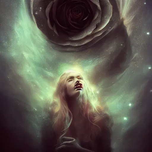 Prompt: Very very very very highly detailed mystic, enigmatic, strange portrait with galaxy, roses, shark's teeth by Brooke Shaden, intricate, extremely detailed, digital painting, artstation, concept art, smooth, sharp focus, illustration, intimidating lighting, incredible art,