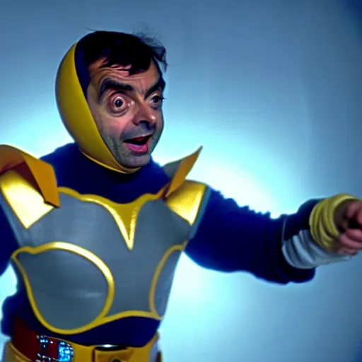 Image similar to mr. bean as powerranger. movie still. cinematic lighting.