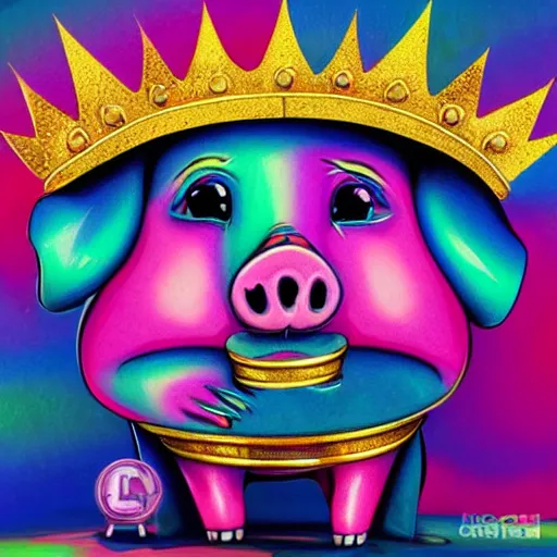 Prompt: lisa frank action pose pig wearing a gold crown holding pop can painting by android jones