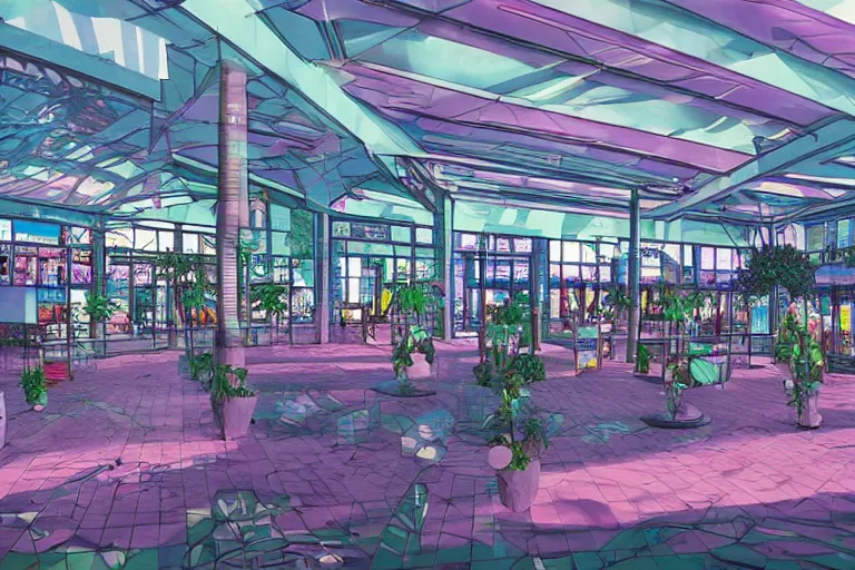 Image similar to overgrown vaporwave 9 0's mall food court converted into a sanctuary by cybernetic cult, concept art