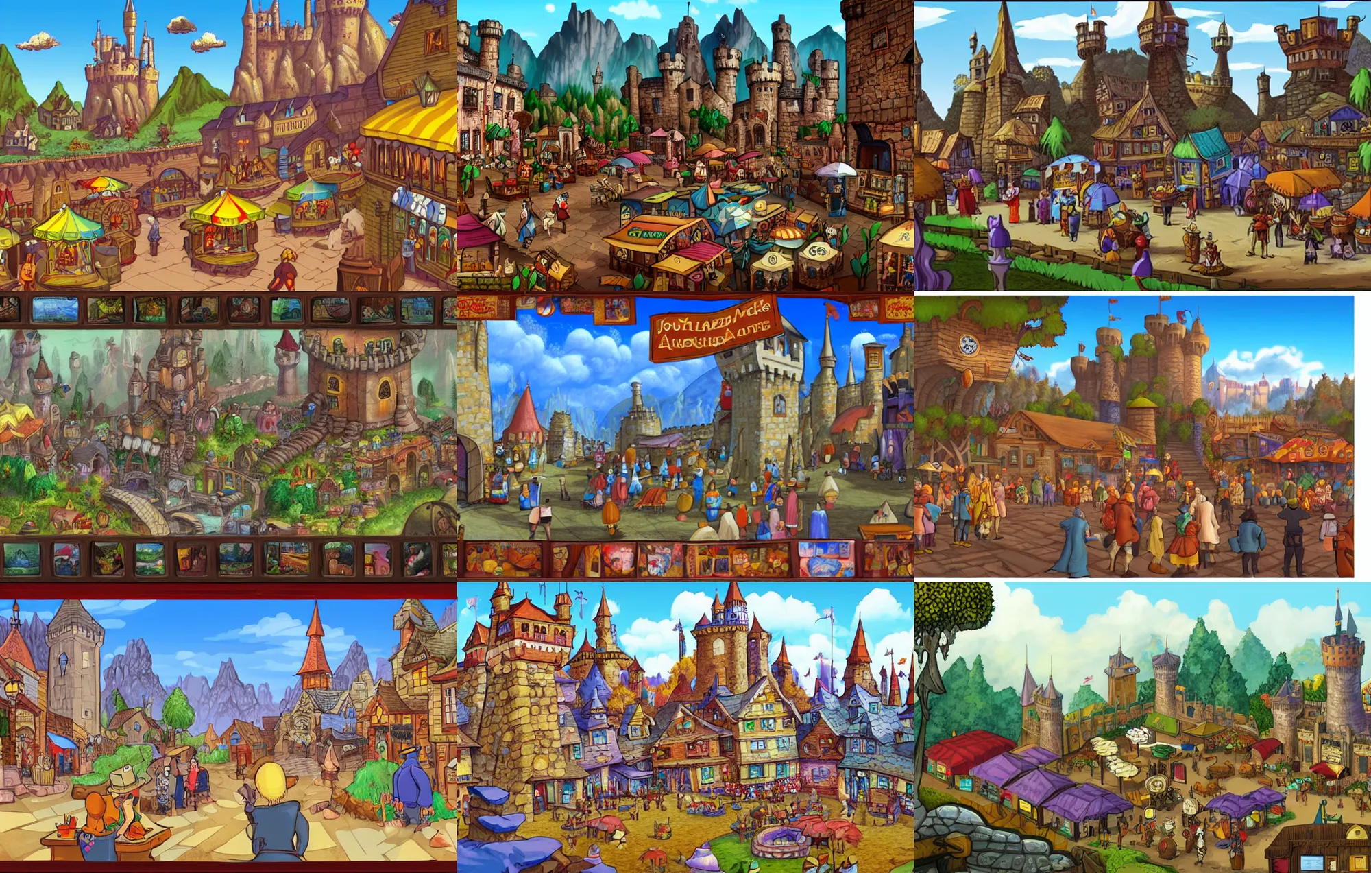 Prompt: a crowded castle town marketplace scene, at midday, from a fantasy point and click 2 d graphic adventure game, art inspired by john shroades, king's quest, sierra entertainment games, colorful landscape painting