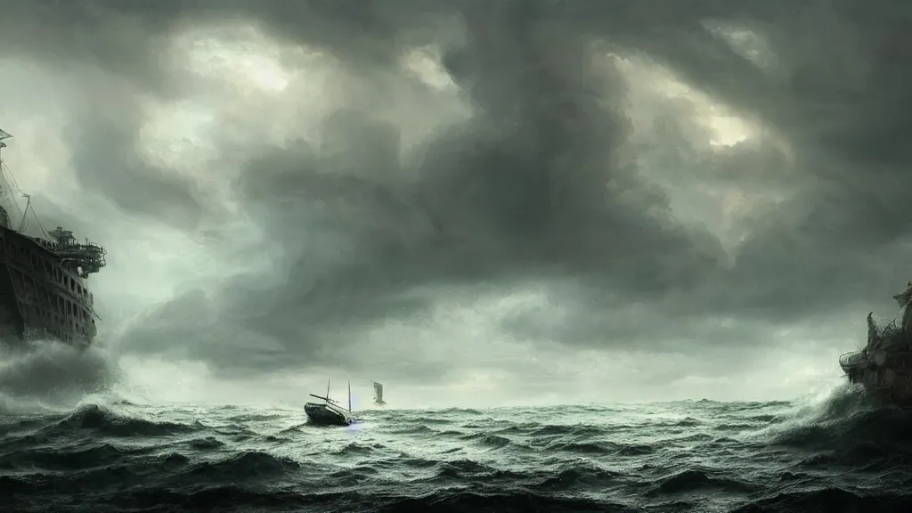 Prompt: small boat in the foreground, giant massive kraken in the background rising out a stormy ocean,, stormy weather, intricate, detailed, volumetric lighting, scenery, digital painting, highly detailed, concept art, ruan jia, steve mccurry