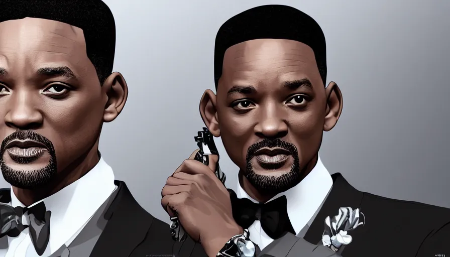 Prompt: will smith is james bond in suit and tie, white background, hyperdetailed, artstation, cgsociety, 8 k