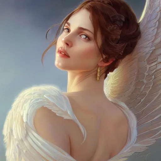 Image similar to portrait of angel wings highly detailed, digital painting, artstation, concept art, smooth, sharp focus, illustration, art by artgerm and greg rutkowski and alphonse mucha