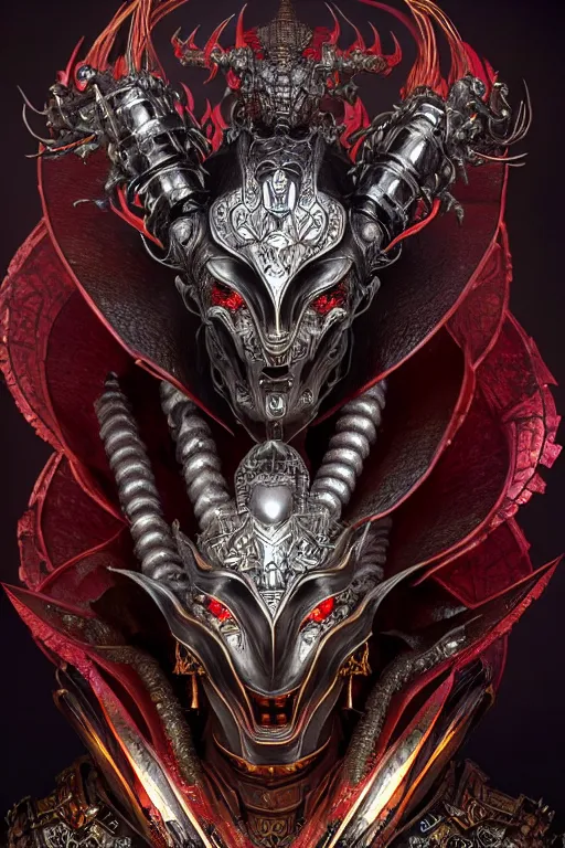 Image similar to asura from chinese myth, ghost, luxurious armor mixed with leather and metal, gothic diablo art, rococo art, cyberpunk, mecha, halfturn portrait of a big crystal face made of crystals half - turn, ominous, intricate, studio, art by anthony macbain + greg rutkowski + alphonse mucha, concept art, 4 k, sharp focus