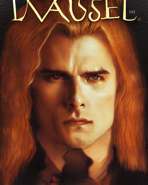 Image similar to alternate cover art for the movie interview with a vampire starring a long haired blonde tom cruise as lestat de lioncourt portrait, face centered, schmuck, regal, confident, unused design, night time, fog, colonial era street, volumetric lighting, realistic illustration, perfectly shaded, soft painting, art by krenz cushart and wenjun lin