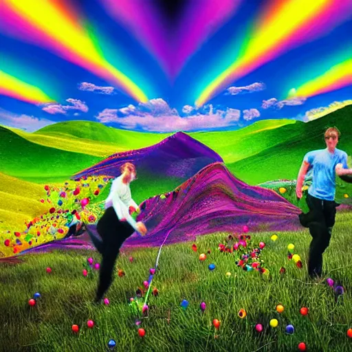 Image similar to hyperpop art of a bucolic landscape with two hikers shattering into millions of brightly coloured Smarties towards the heavens, cinematic shot