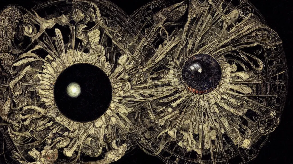 Image similar to a beautiful dreamy painting of a coronavirus inside a broken television screen, evil eye, dark, sinister, detailed, high contrast, art by Ernst Haeckel and Greg Rutkowski