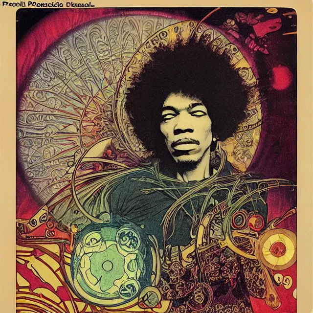 Image similar to polaroid of a vintage record cover by Franklin Booth showing a portrait of Jimi Hendrix as a futuristic space shaman, Alphonse Mucha background, star map, smoke