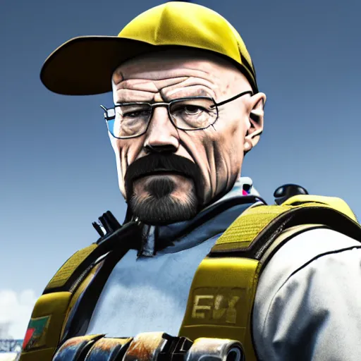 Image similar to walter white as a rainbow six siege operator, 4 k, highly detailed